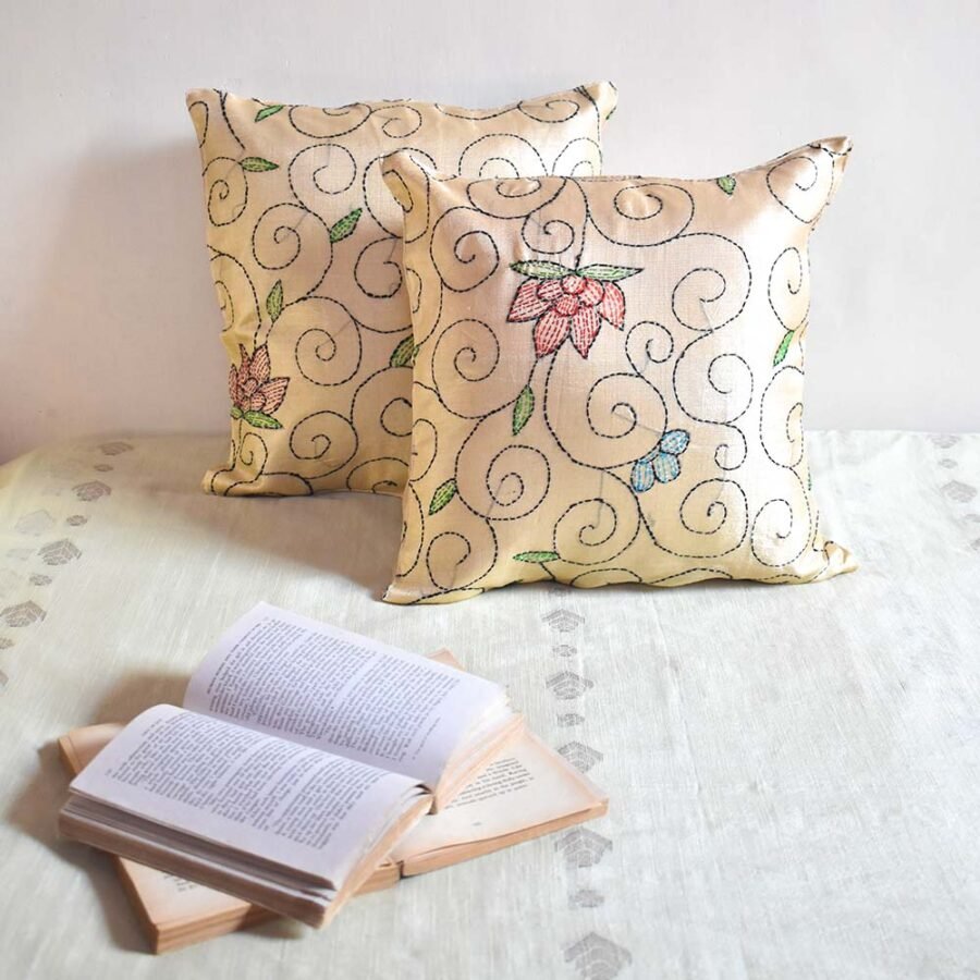 Beige Kantha Stitch Cushion Covers