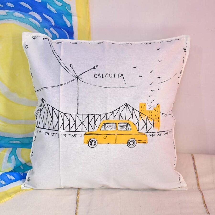 Kolkata Taxi Handpainted Cushion Cover