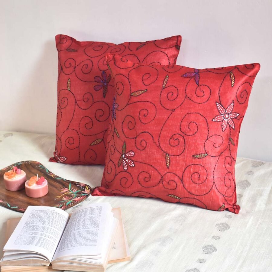 Red Kantha Stitch Cushion Covers