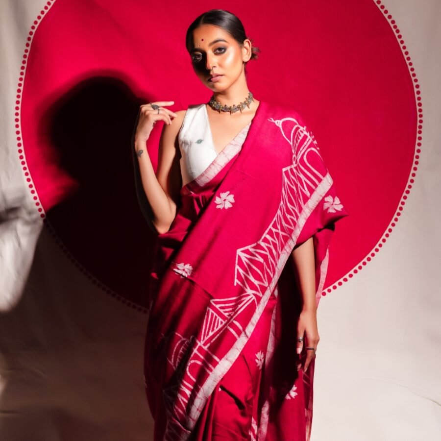 Kolkata Batik Art in Silk Magenta Saree