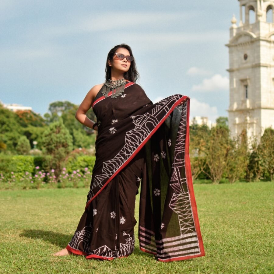 Kolkata in Black Batik Art Pure Cotton Saree