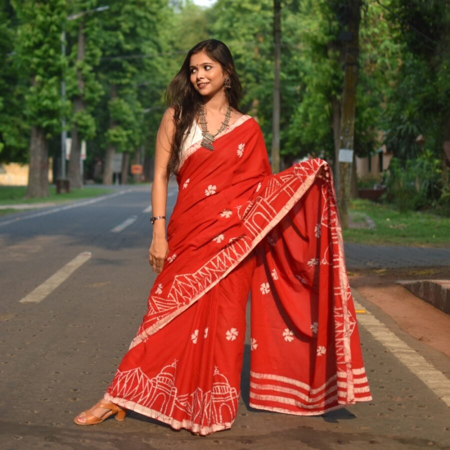 Kolkata in Red Batik Art Pure Cotton Saree