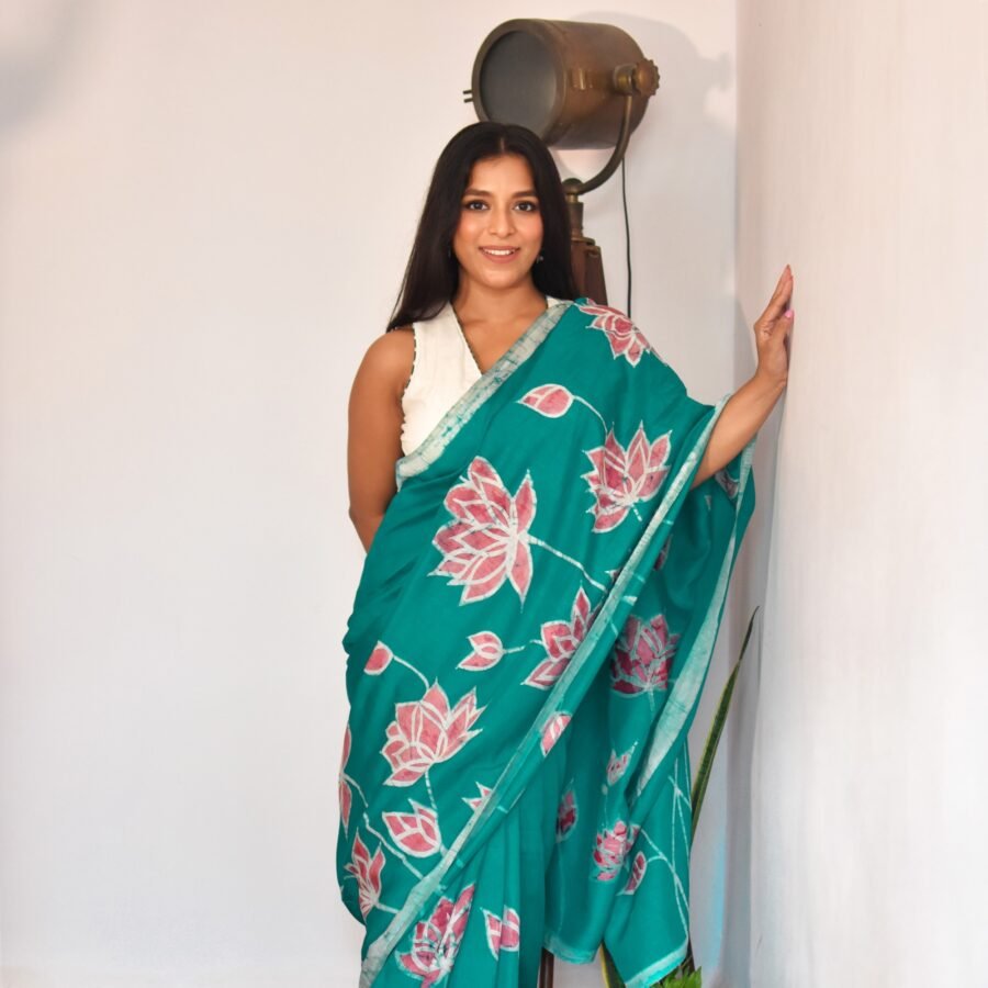 Lotus Garden Batik Art in Silk Saree