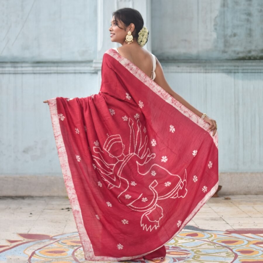 Durga and Shiuli Batik Art in Silk Saree