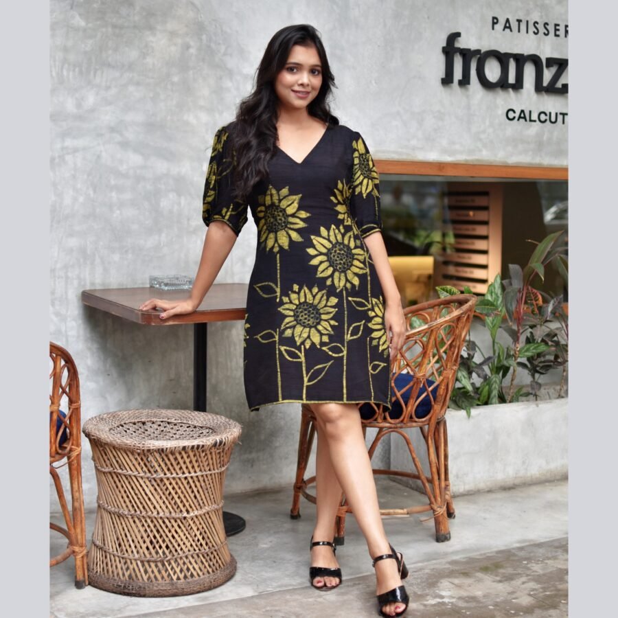 Sunflowers Black Hand painted Batik Silk Dress