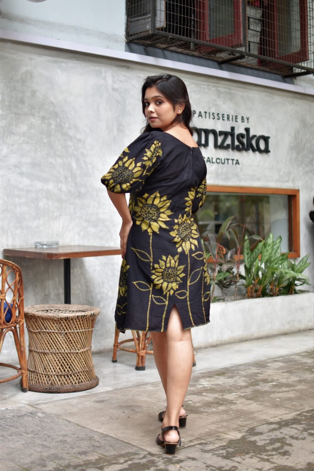 Sunflowers Black Hand painted Batik Silk Dress - Image 4