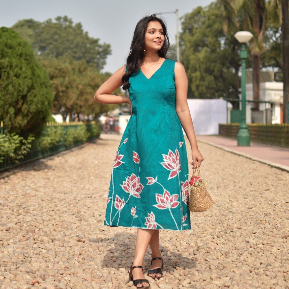 Lotus Garden Silk Batik Art Belt Dress