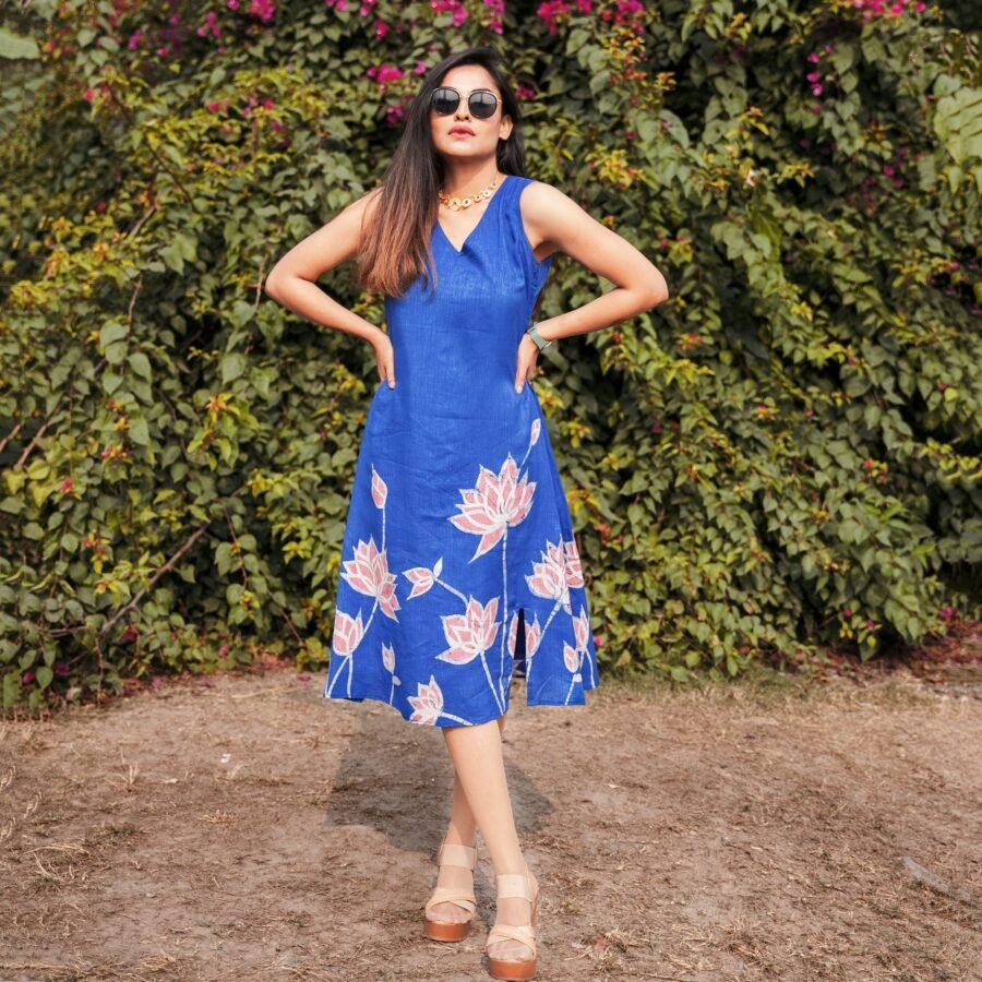 Lotus Pond Silk Batik Art Slit Dress