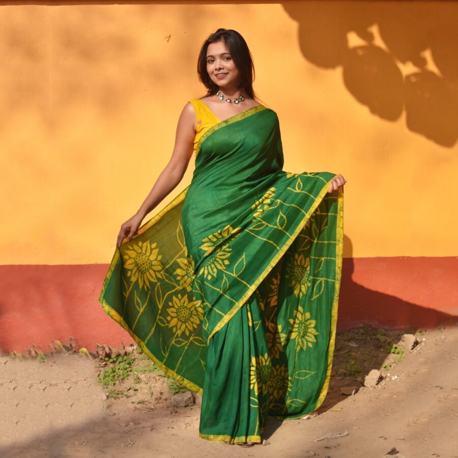 Sunflowers Green Handpainted Batik Art in Silk Saree