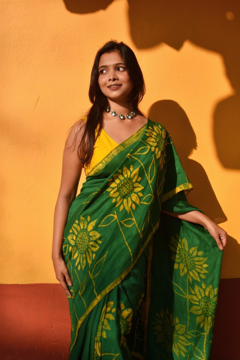 Sunflowers Green Handpainted Batik Art in Silk Saree - Image 2