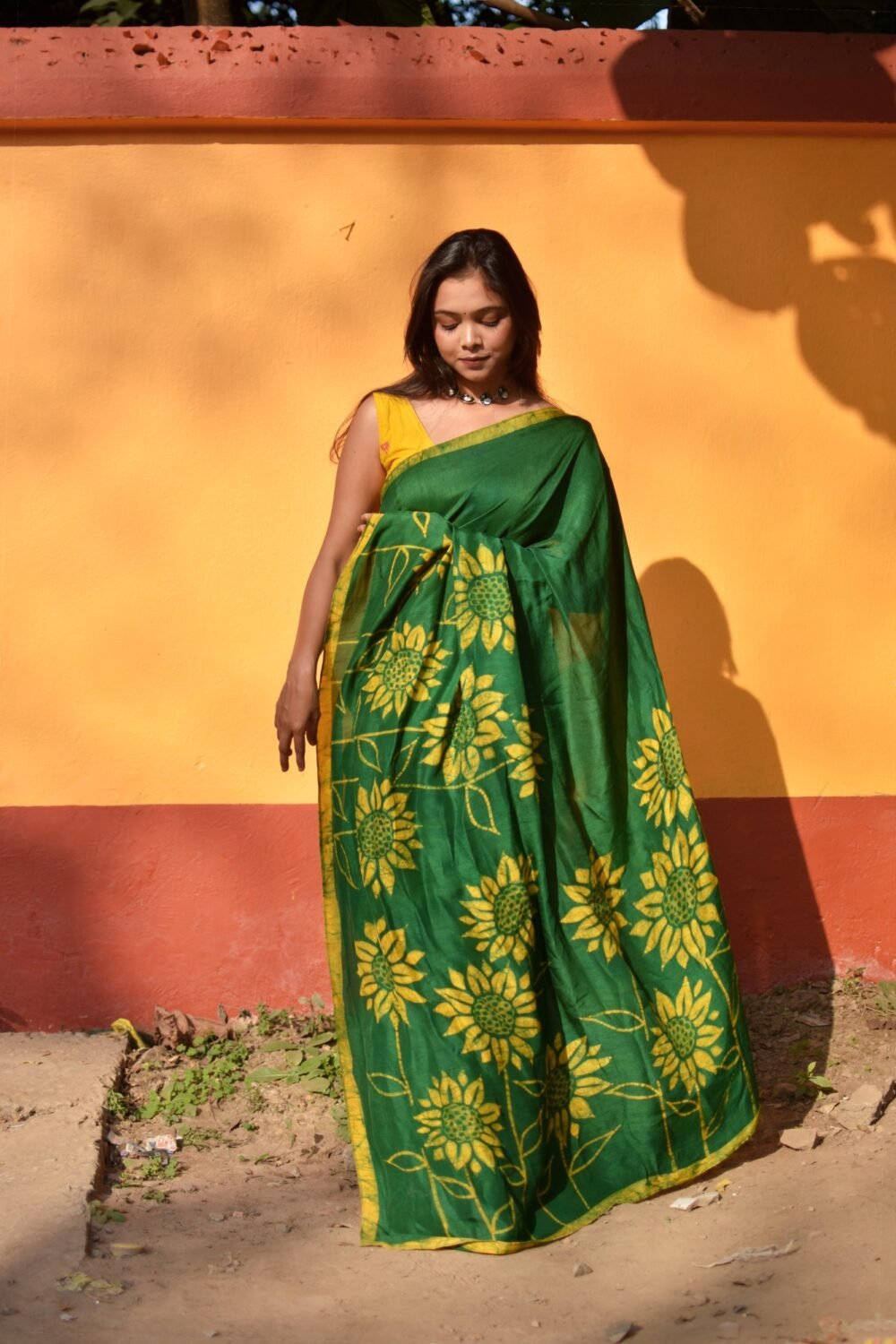 Sunflowers Green Handpainted Batik Art in Silk Saree - Image 4
