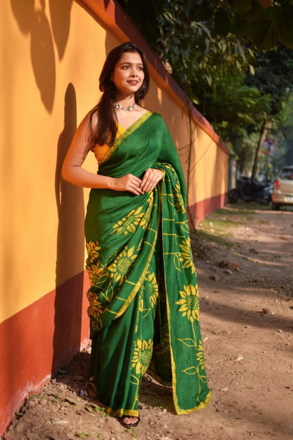 Sunflowers Green Handpainted Batik Art in Silk Saree - Image 5