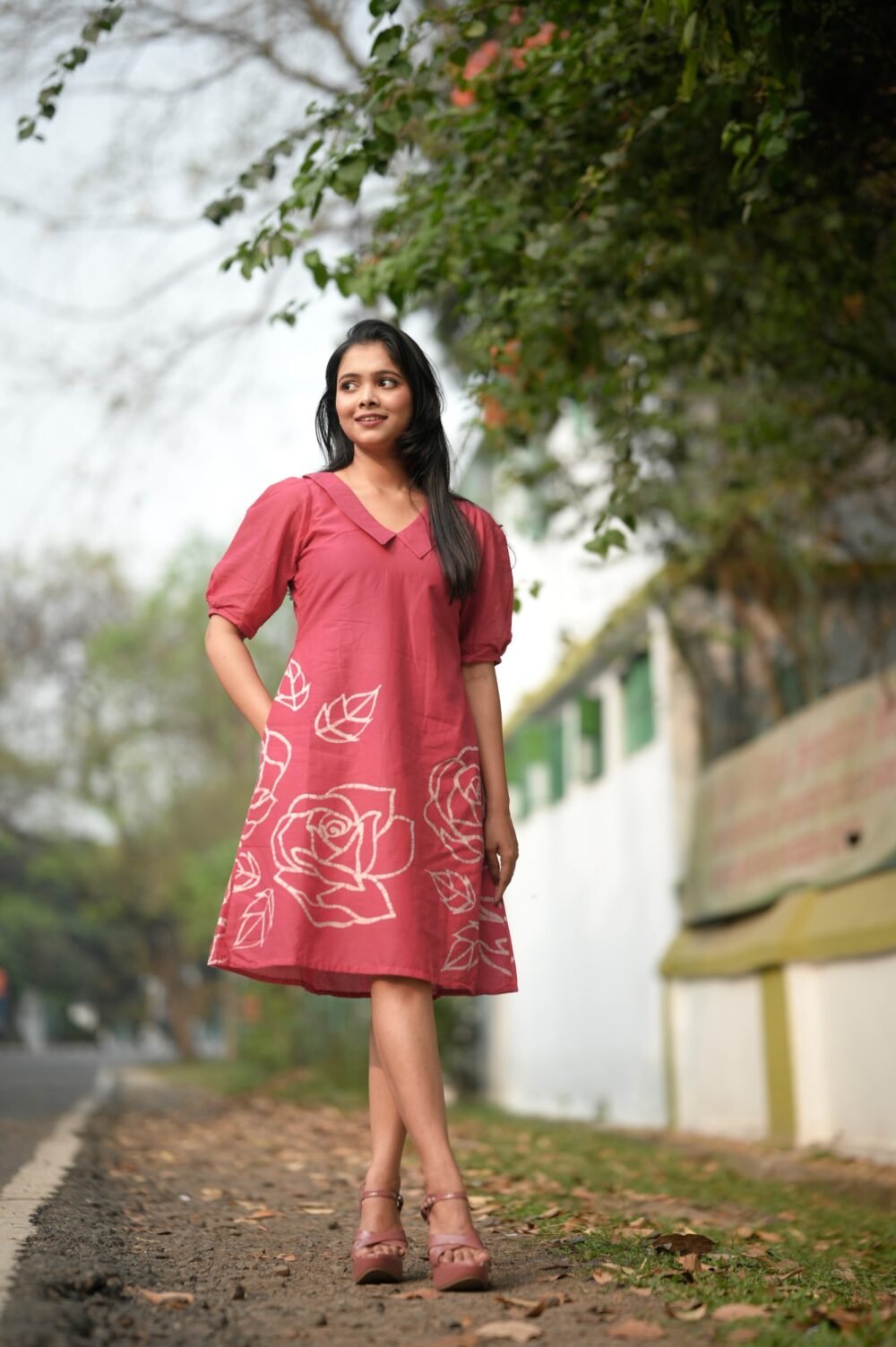 Roses Batik Painted Pure Cotton Collar Dress - Image 2