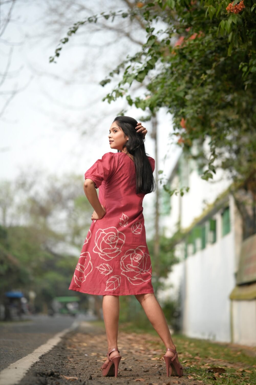 Roses Batik Painted Pure Cotton Collar Dress - Image 3