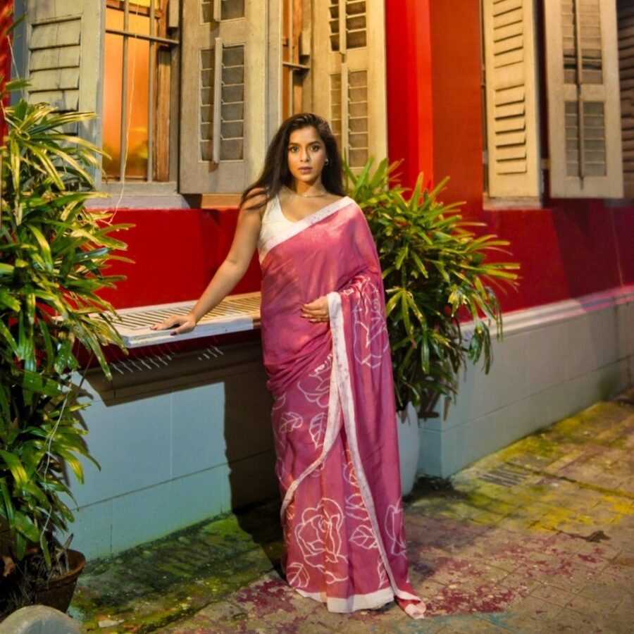 Rosi Magenta Pink Batik Art Painted Silk Saree
