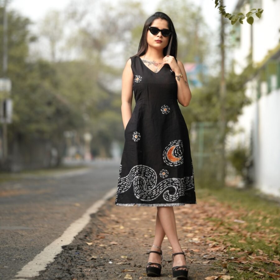 Starry Night Batik Art Pure cotton Black Dress