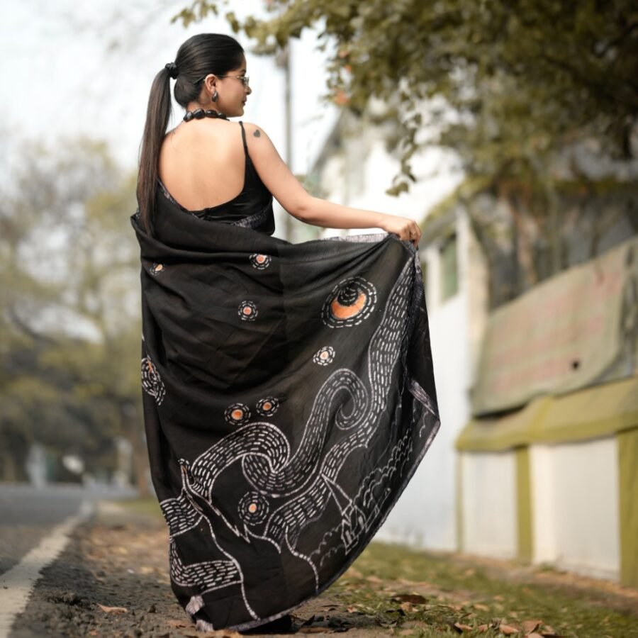 Starry Night Batik Art in Silk Black Saree