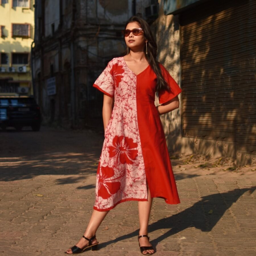 Hibiscus Half Hand Batik Art Pure Cotton Sleeves Dress