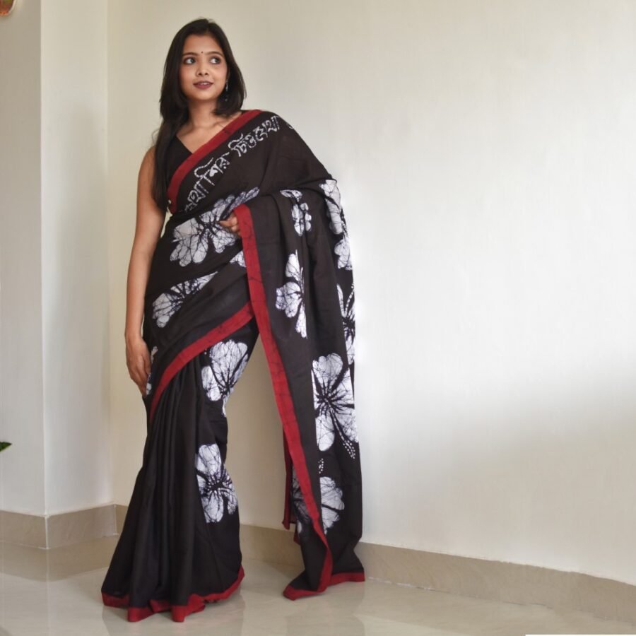 Hibiscus Hand-painted Batik Art Pure Cotton Saree
