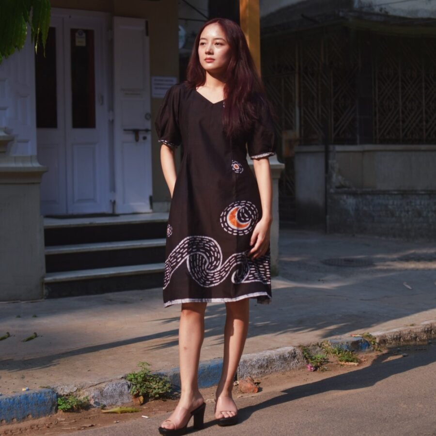 Starry Night Batik Art Pure Cotton Black Dress with sleeves