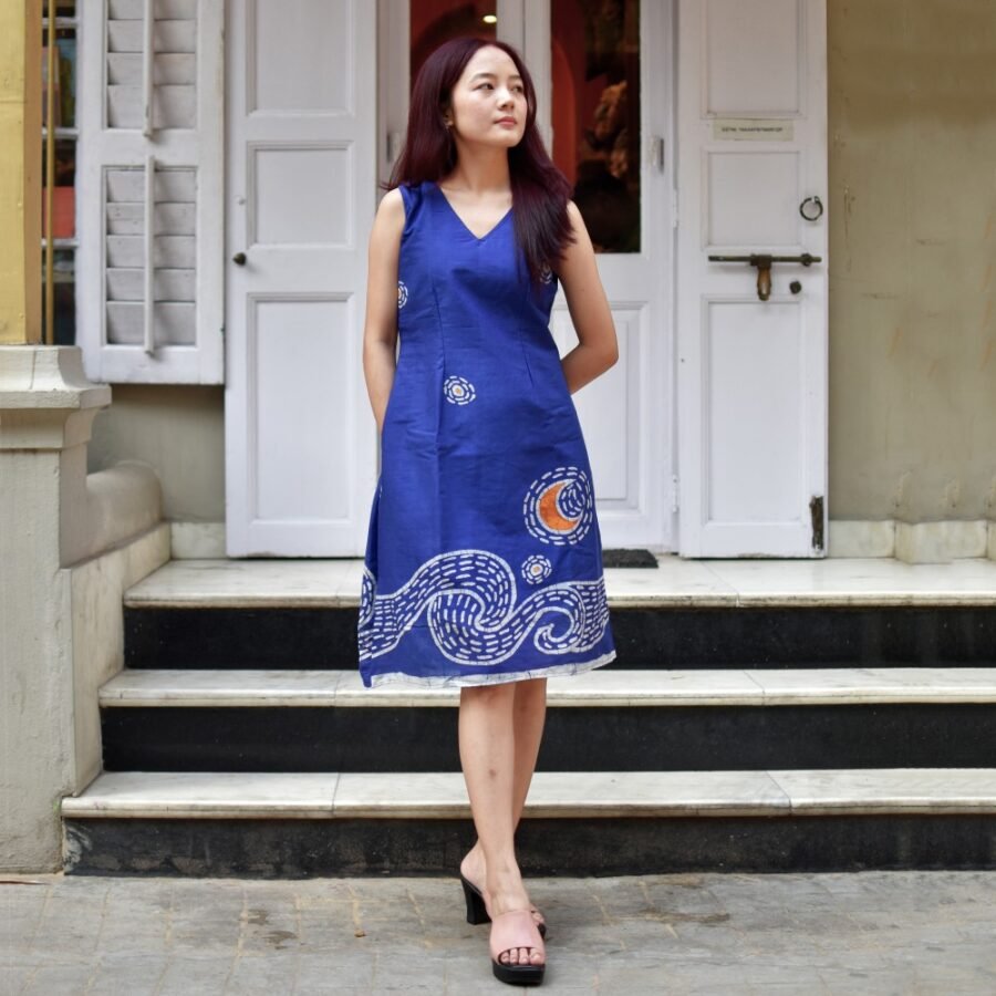 Starry Night Batik Art Pure Cotton Blue Dress