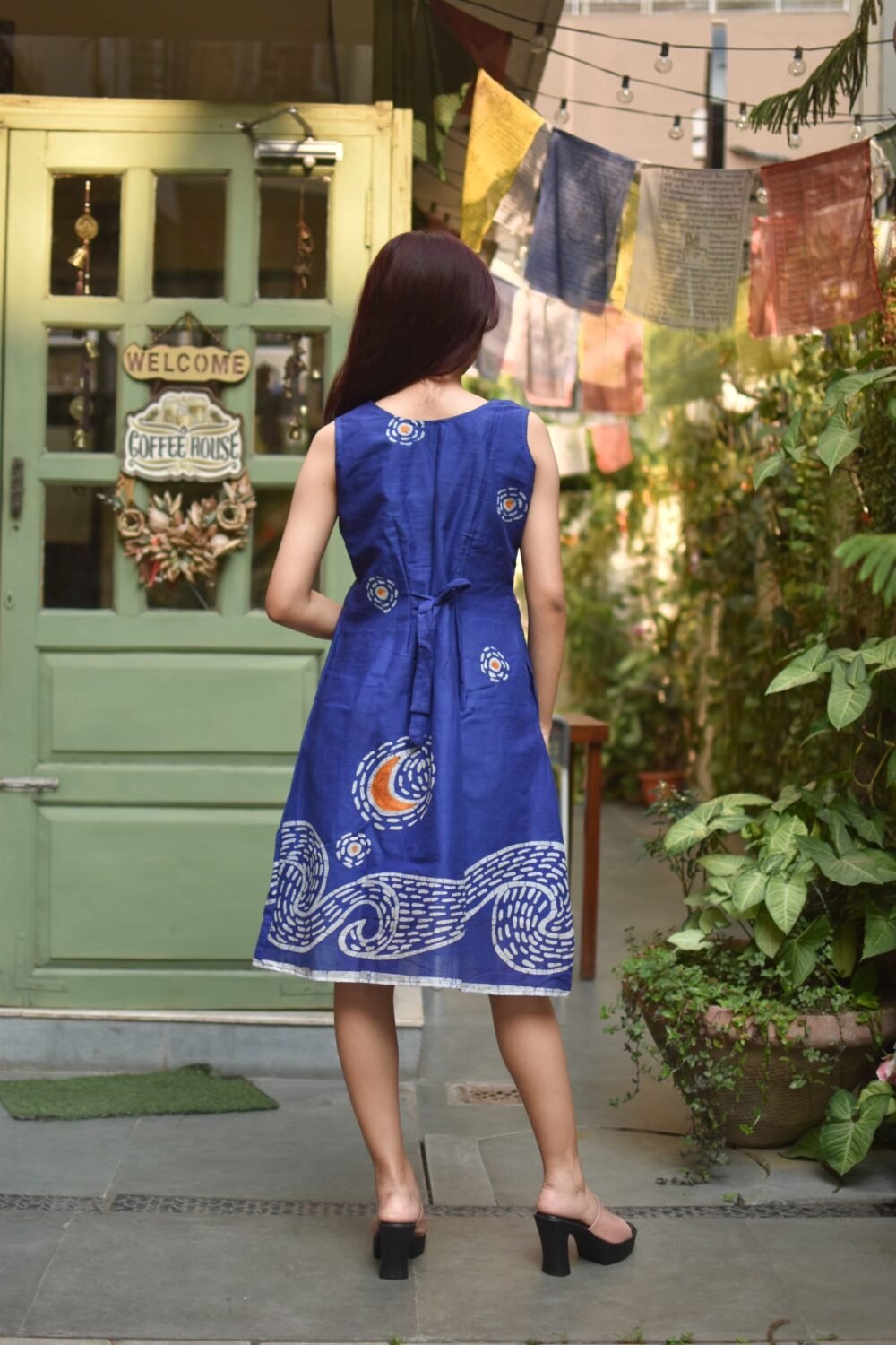 Starry Night Batik Art Pure Cotton Blue Dress - Image 3