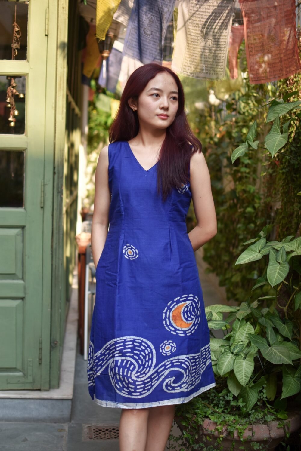 Starry Night Batik Art Pure Cotton Blue Dress - Image 4