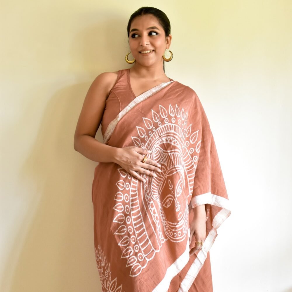 Durga Chhau Art Hand-painted Batik in Silk Saree