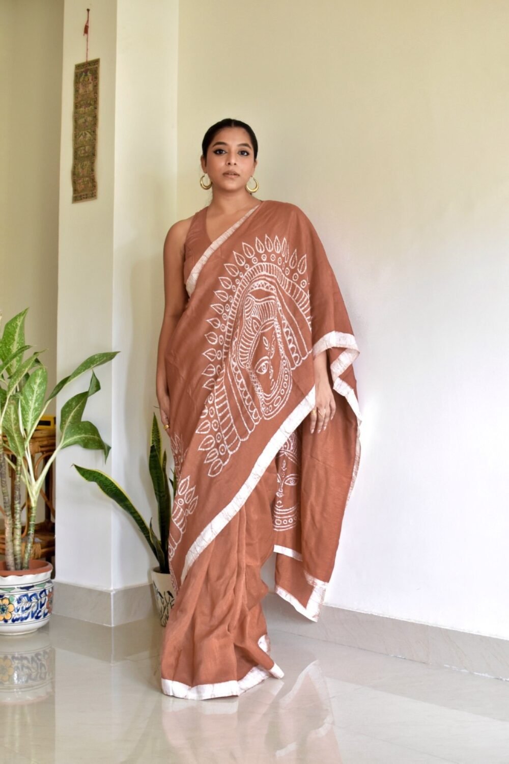 Durga Chhau Art Hand-painted Batik in Silk Saree - Image 4