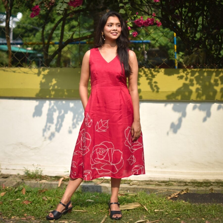 Roses Batik Art in Silk Belt Dress