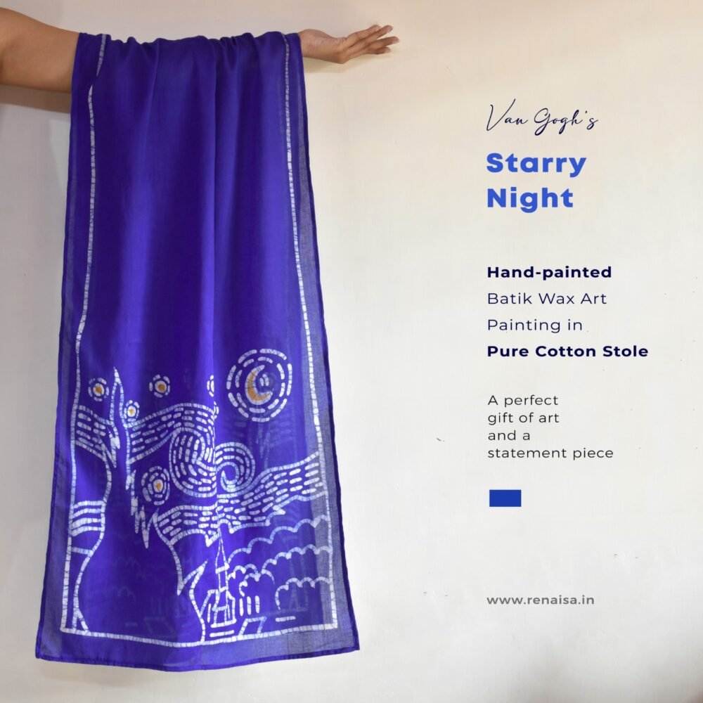 Starry Night Painted Batik Pure Cotton Indigo Stole