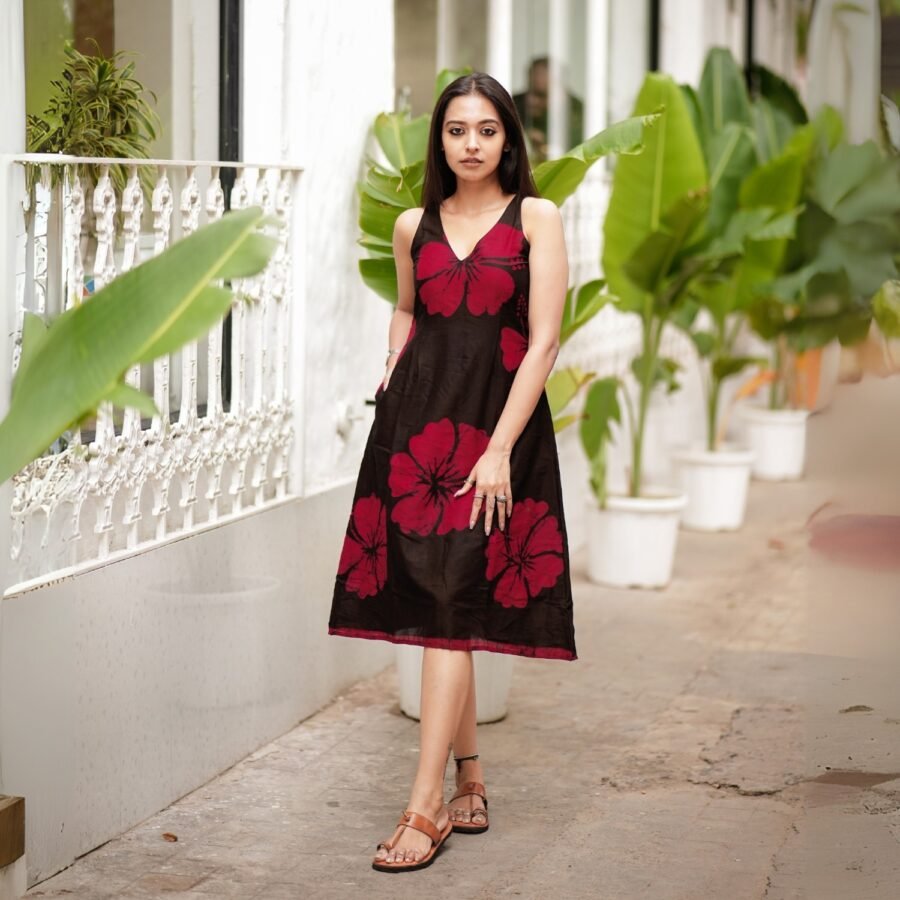 Black Hibiscus Black Hand Batik Art Pure Cotton Belt Dress
