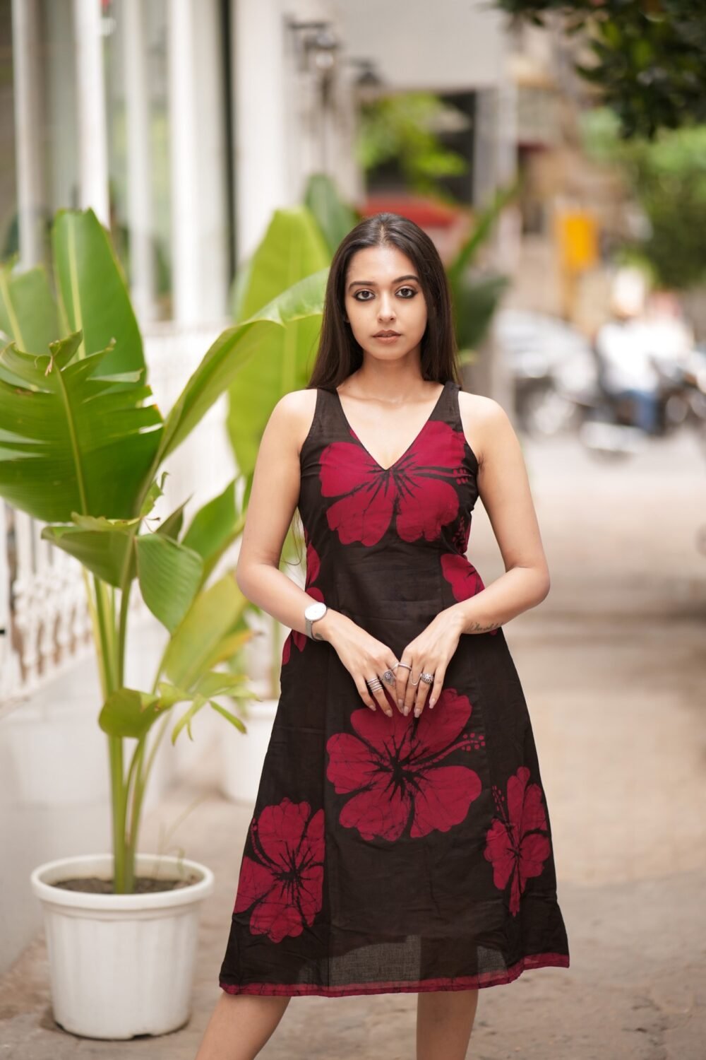 Hibiscus Black Hand Batik Art Pure Cotton Belt Dress - Image 2