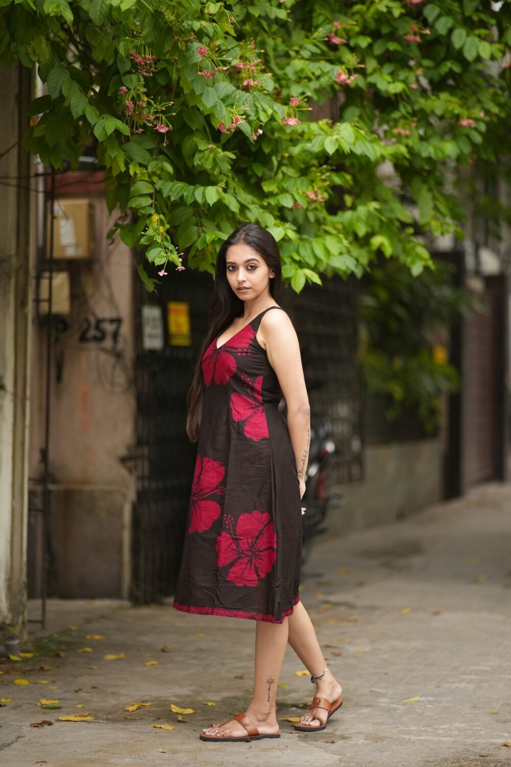 Hibiscus Black Hand Batik Art Pure Cotton Belt Dress - Image 5