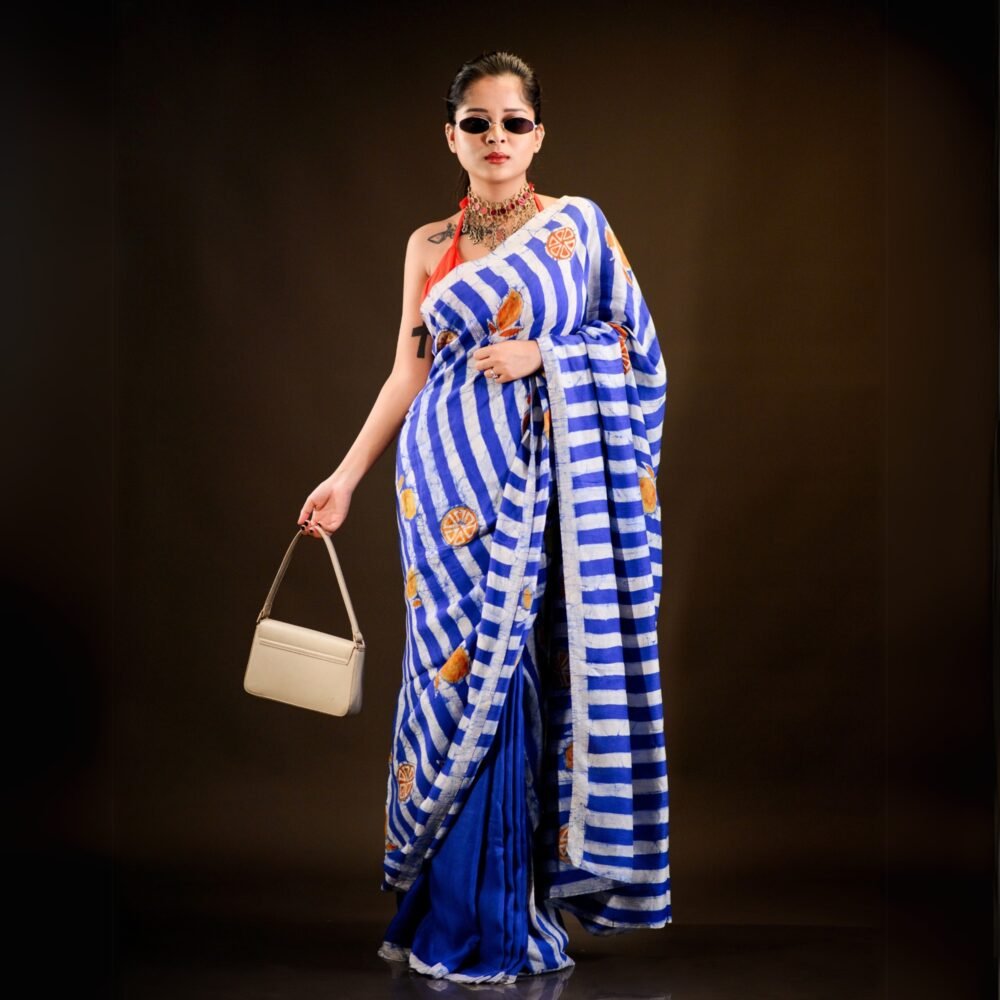 Summer Blue Stripes Hand-painted Batik Art in Silk Saree