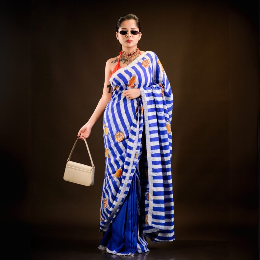 Summer Blue Stripes Hand-painted Batik Art in Silk Saree