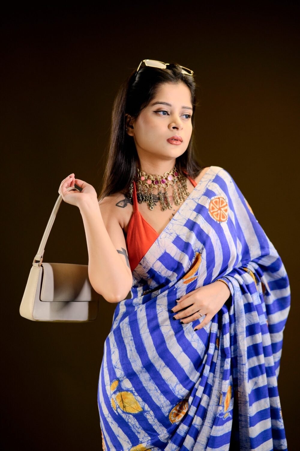 Summer Blue Stripes Hand-painted Batik Art in Silk Saree - Image 2