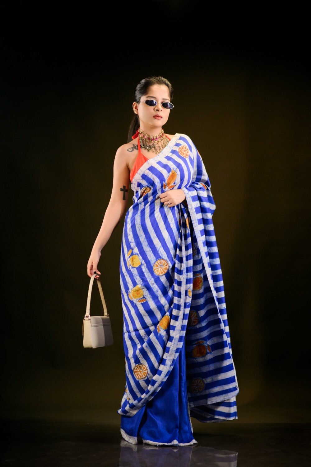 Summer Blue Stripes Hand-painted Batik Art in Silk Saree - Image 3