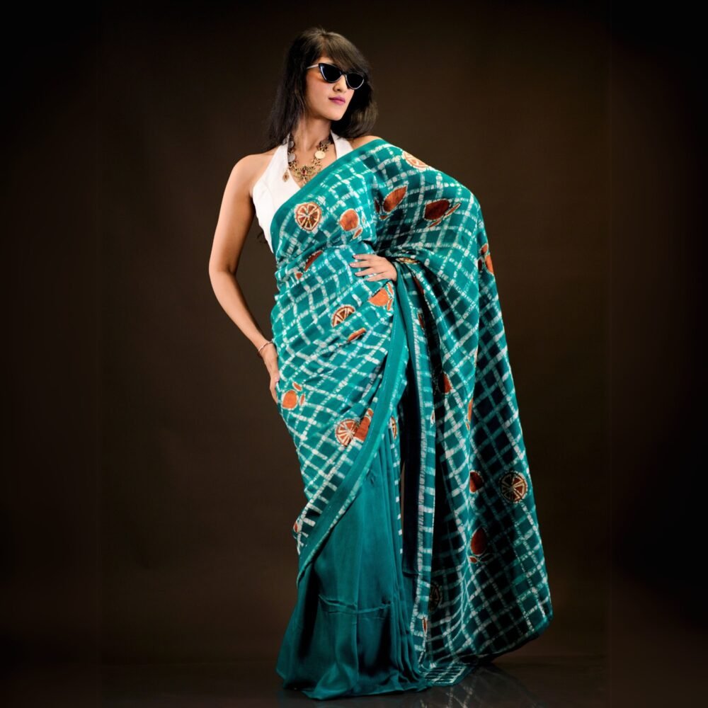 Turquoise Checks Hand-painted Batik Art in Silk Saree