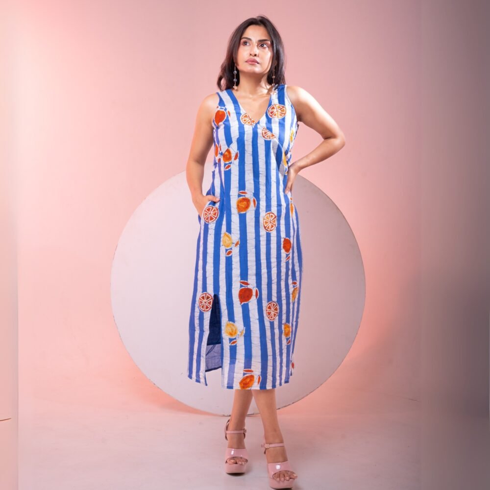 Blue Striped Hand Batik Pure Cotton Slit Dress