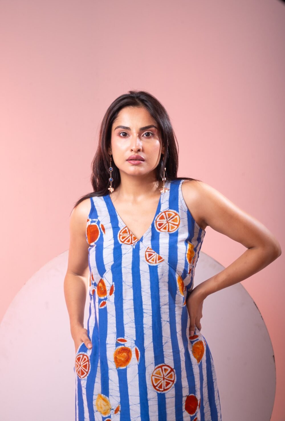 Blue Striped Hand Batik Pure Cotton Slit Dress - Image 2