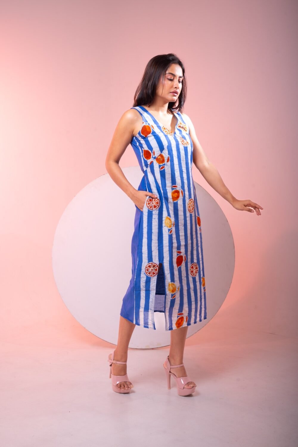 Blue Striped Hand Batik Pure Cotton Slit Dress - Image 3