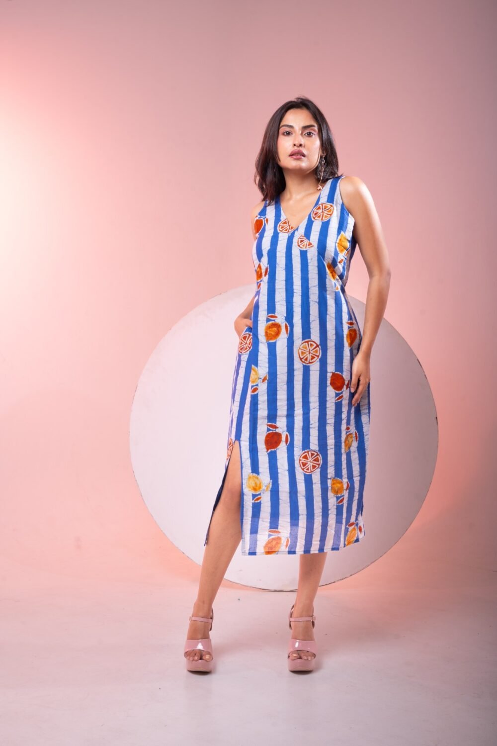 Blue Striped Hand Batik Pure Cotton Slit Dress - Image 4