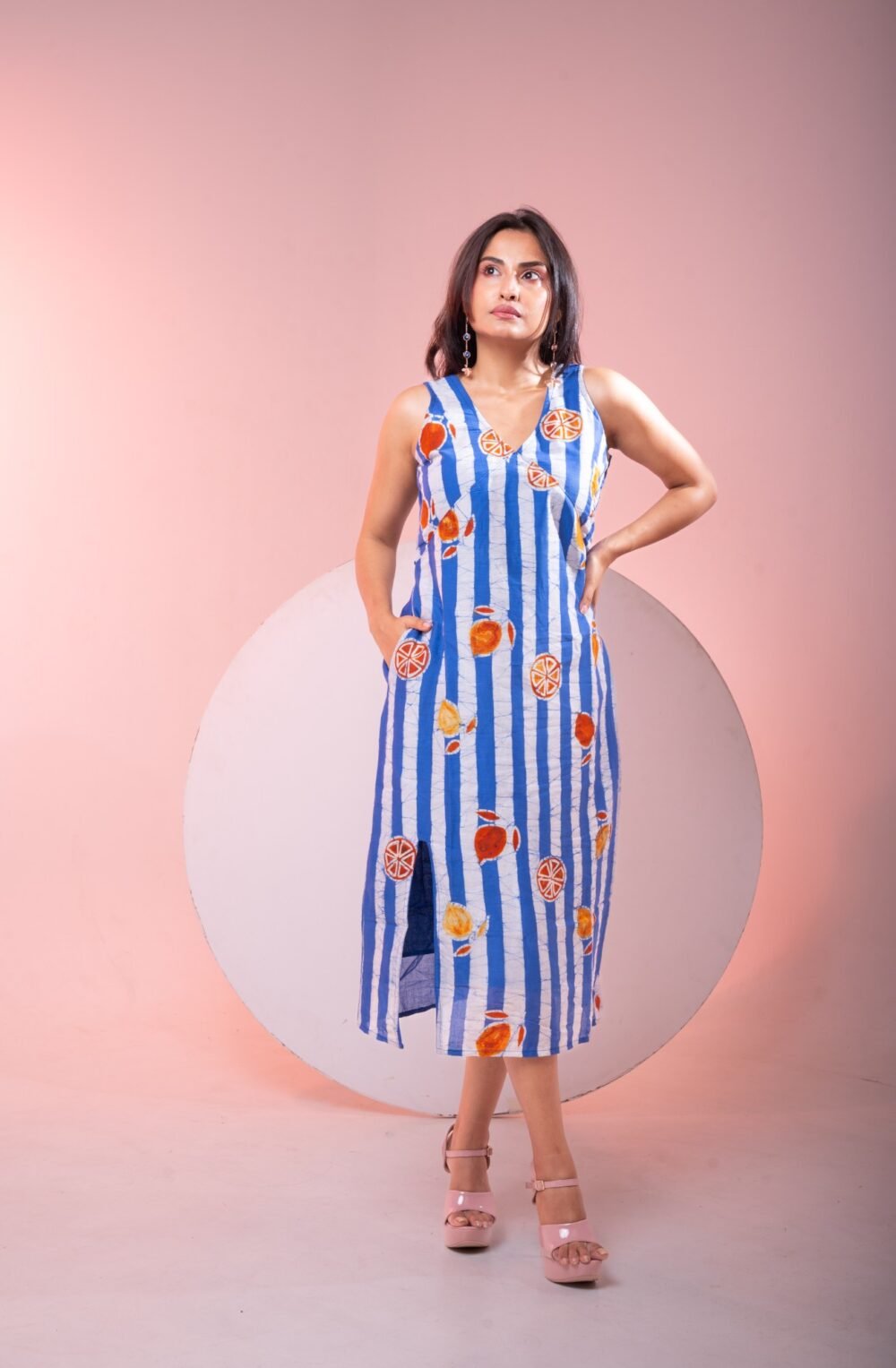 Blue Striped Hand Batik Pure Cotton Slit Dress - Image 6