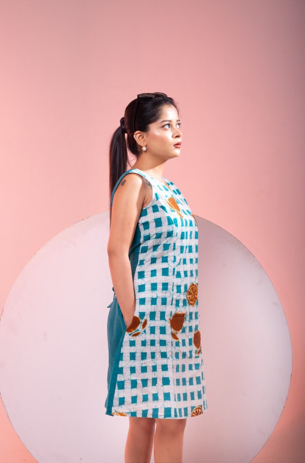 Box Check Hand batik Pure Cotton Short Dress - Image 2