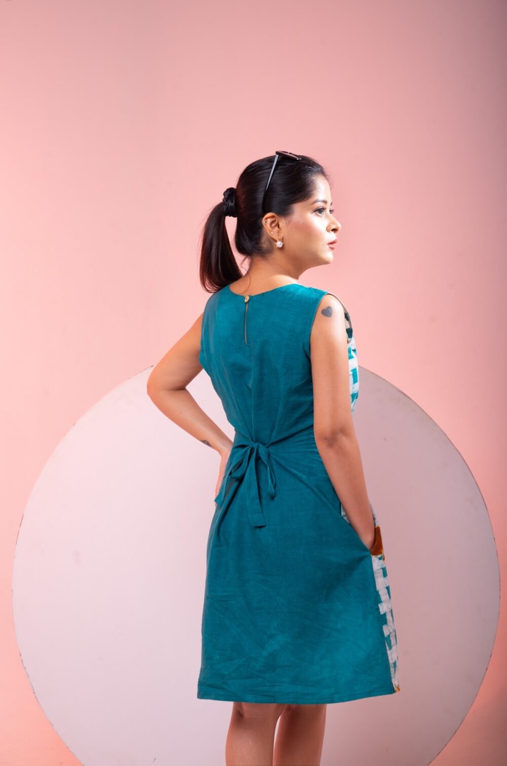 Box Check Hand batik Pure Cotton Short Dress - Image 3