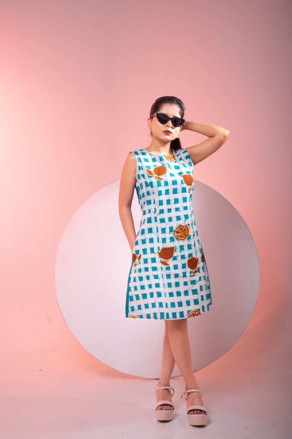 Box Check Hand batik Pure Cotton Short Dress - Image 4
