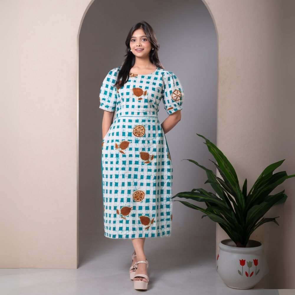 Box Checks Hand Batik Pure Cotton Long Dress