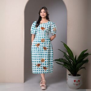 Box Checks Hand Batik Pure Cotton Long Dress