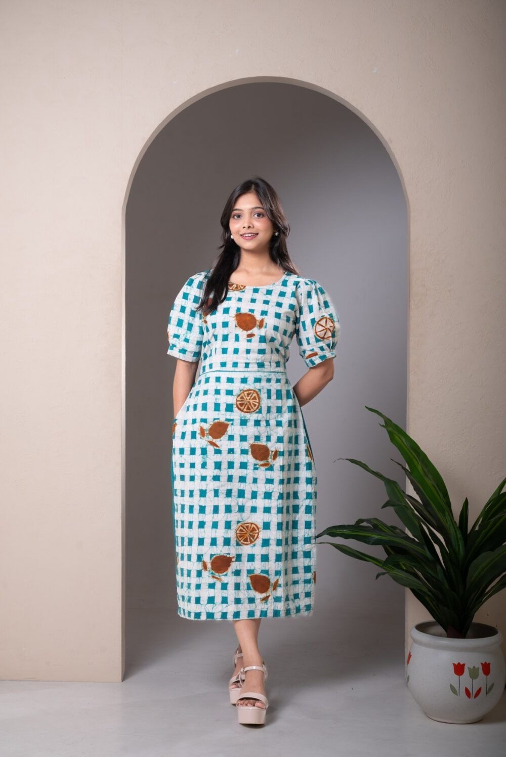 Box Checks Hand Batik Pure Cotton Long Dress - Image 2